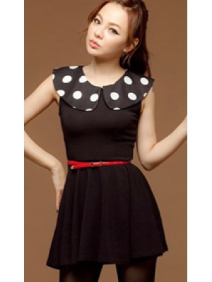 Q8952*Polka Dot Collar Black Dress
